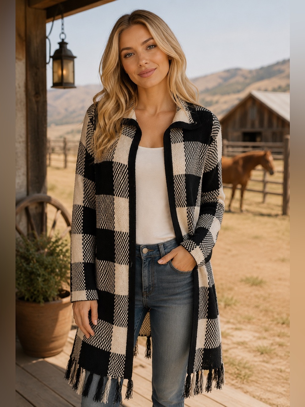 HOPE & HONEY BLACK WHITE OPEN FRONT CHECKERED SWEATER CARDIGAN W/ TASSELS SZ M